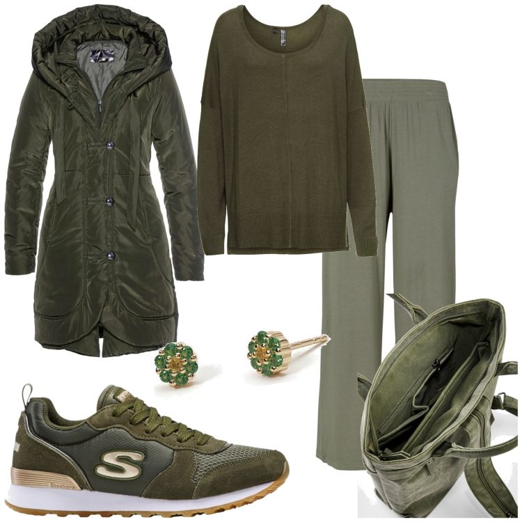 Outfit donna - Verde scuro in città. Stile Trendy per Tutti i giorni. Abbinamento con blazer, pantaloni, maglieria, sneakers, zaini, orecchini.
