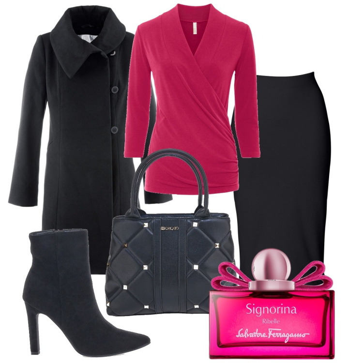 Outfit donna - Total look #1763082. Stile Bon Ton per Serata fuori. Abbinamento con gonne longuette, maglieria, cappotti, profumi, borse a mano, stivaletti.