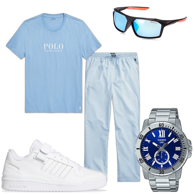Outfit uomo - Estate celeste. Stile Casual per Tutti i giorni. Abbinamento con t-shirt, pantaloni, occhiali da sole, sneakers, orologi.