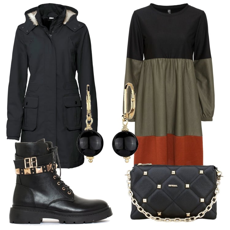 Outfit donna - Pranzo in famiglia. Stile Trendy per Tutti i giorni. Abbinamento con vestiti corti, parka, anfibi, pochette, orecchini.