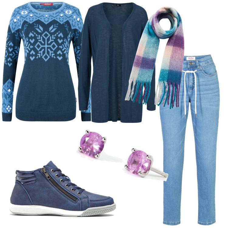 Outfit donna - Total look #1763100. Stile Casual per Tutti i giorni. Abbinamento con cardigans, sneakers alte, maglieria, jeans boyfriend, sciarpe, orecchini.