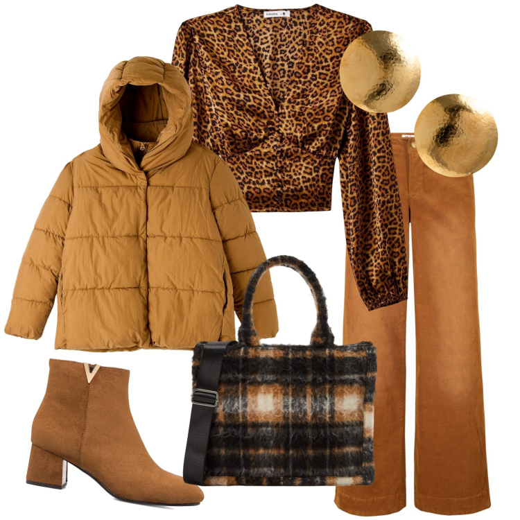 Outfit donna - Total look #1763118. Stile Casual chic per Ufficio. Abbinamento con pantaloni, bluse, shopping bag, piumini, stivaletti, orecchini.