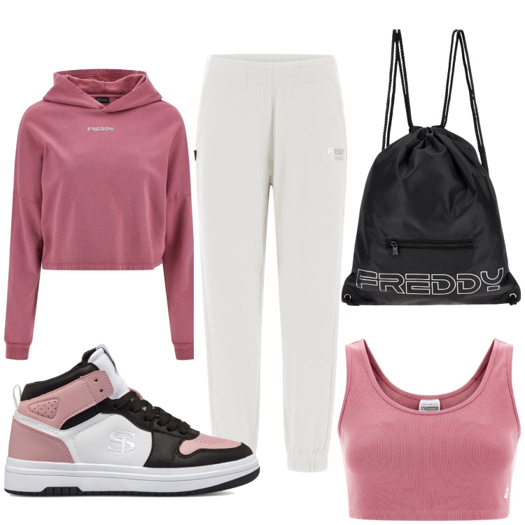 Outfit donna - In palestra con Freddy. Stile Sporty chic per Sport. Abbinamento con zaini, pantaloni, felpe con cappuccio, top, sneakers alte.
