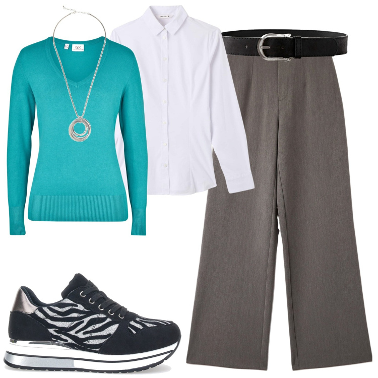 Outfit donna - Total look #1763142. Stile Casual per Tutti i giorni. Abbinamento con maglieria, cinture, collane, pantaloni, camicie, sneakers.