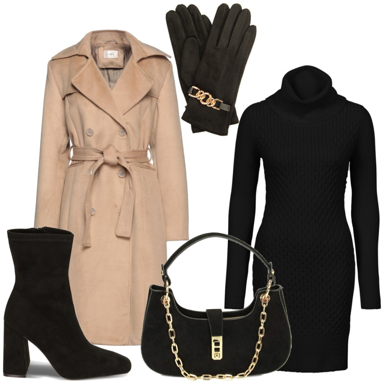 Outfit donna - Comodamente elegante. Stile Trendy per Serata fuori. Abbinamento con vestiti, cappotti, borse a spalla, stivaletti, guanti.