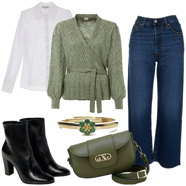 Outfit donna - Casual. Stile Casual chic per Ufficio. Abbinamento con maglieria, anelli, camicie, pochette, jeans dritti, stivaletti.