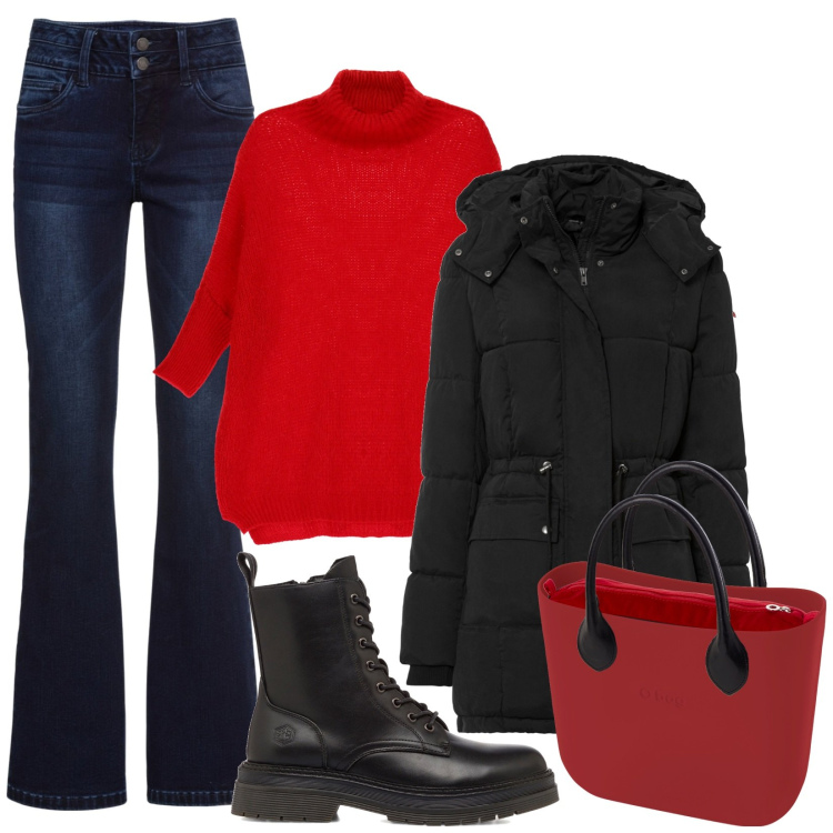 Outfit donna - Casual. Stile Basic per Tutti i giorni. Abbinamento con jeans bootcut, piumini, braccialetti, maglieria, anfibi, borse a spalla.