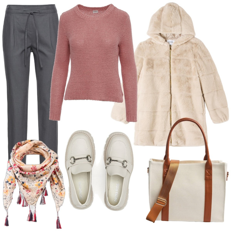 Outfit donna - Ufficio soft. Stile Casual per Ufficio. Abbinamento con pantaloni, foulard, ecopellicce, shopping bag, maglieria, mocassini.