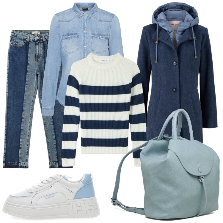 Outfit donna - Light Blue and Blue. Stile Basic per Tutti i giorni. Abbinamento con cappotti, maglieria, jeans dritti, zaini, camicie, sneakers.