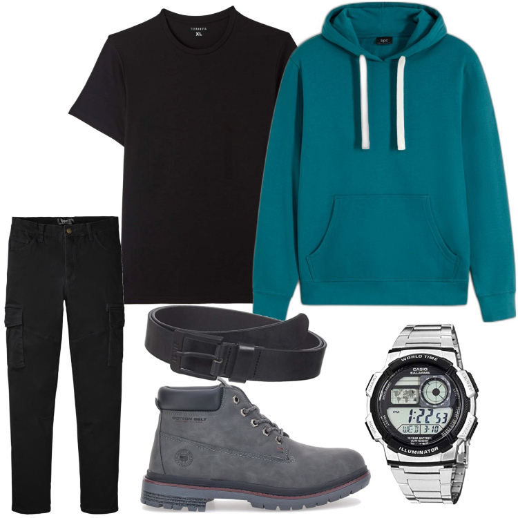 Outfit uomo - Felpa petrolio. Stile Casual per Tutti i giorni. Abbinamento con felpe con cappuccio, pantaloni cargo, t-shirt, orologi digitali, cinture, stivali e stivaletti.