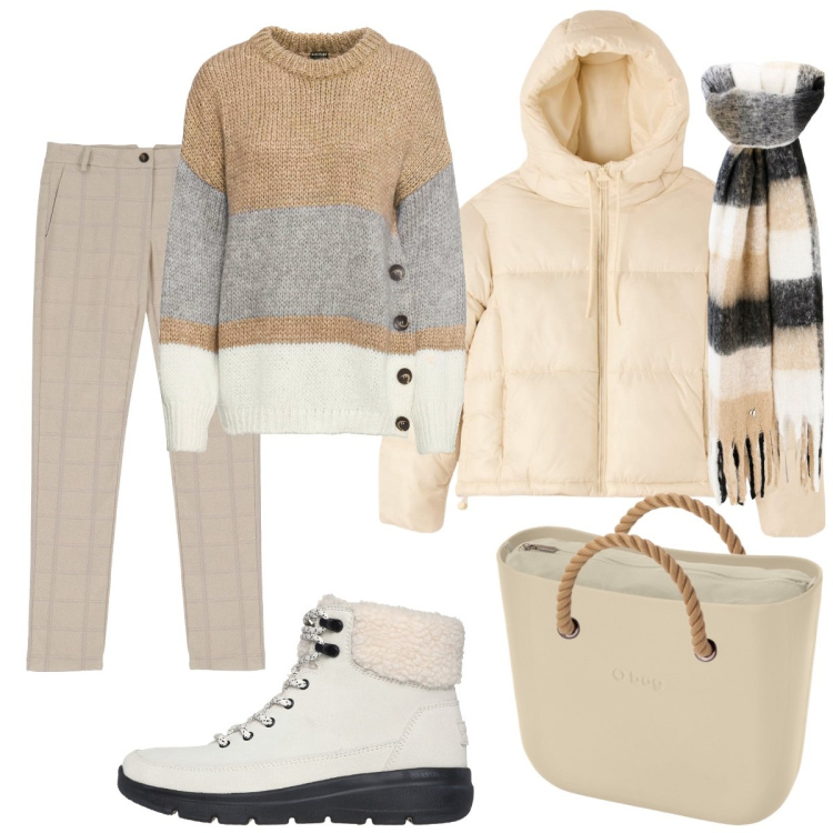Outfit donna - Quando arriva Natale. Stile Casual per Tutti i giorni. Abbinamento con maglieria, piumini, pantaloni, sciarpe, stivaletti, borse a spalla.