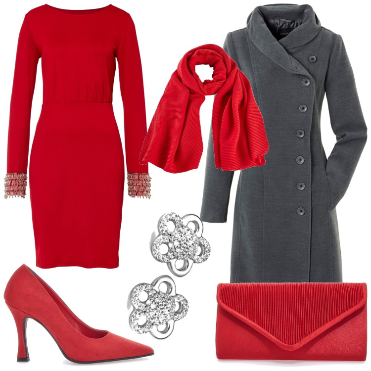 Outfit donna - Capodanno basic 1. Stile Chic per Serata fuori. Abbinamento con cappotti, vestiti, foulard, pochette, orecchini, décolleté.
