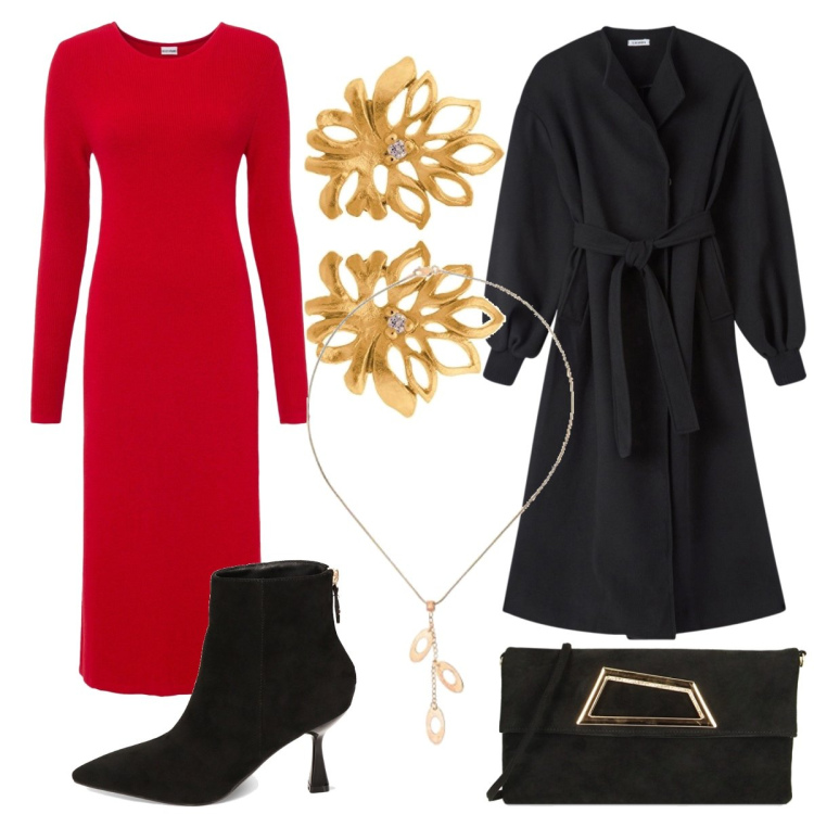 Outfit donna - Capodanno basic 2. Stile Chic per Serata fuori. Abbinamento con vestiti, cappotti, stivaletti, pochette, ciondoli, orecchini.