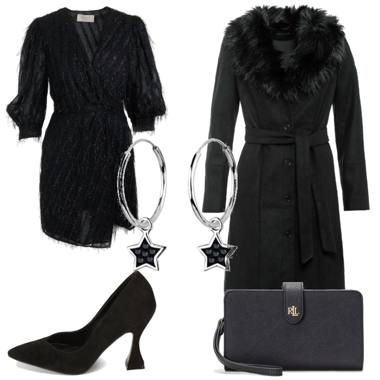 Outfit donna - Capodanno midi 1. Stile Chic per Serata fuori. Abbinamento con cappotti, décolleté, pochette, vestiti, orecchini.