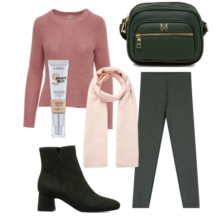 Outfit donna - True basic. Stile Basic per Tutti i giorni. Abbinamento con fondotinta, sciarpe, pantaloni, stivaletti, borse a tracolla, maglieria.