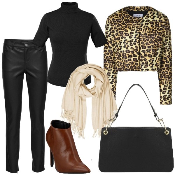 Outfit donna - Trapuntino animalier. Stile Trendy per Tutti i giorni. Abbinamento con stivaletti con zip a punta tinta unita, giubbotto fantasia collo tondo a maniche lunghe interno imbottito in tessuto tecnico monopetto, borsa a mano maxi con zip interno foderato in pelle sintetica con manico tinta unita, maglieria, pantaloni, sciarpa taglia unica beige.