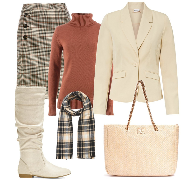 Outfit donna - Classico neutro. Stile Casual chic per Tutti i giorni. Abbinamento con gonne, blazer, maglieria, stivali, sciarpe, borse a spalla.