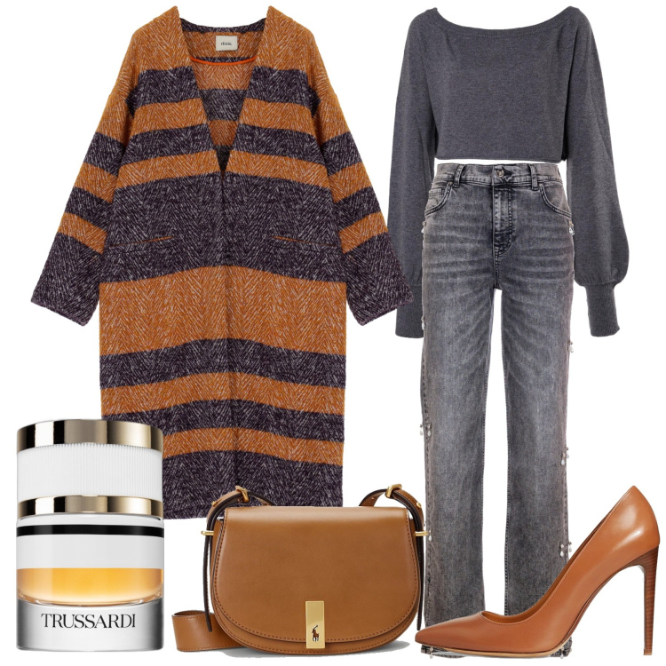 Outfit donna - Curcuma e grigio. Stile Casual chic per Tutti i giorni. Abbinamento con profumi, jeans dritti, cappotti, décolleté, borse a spalla, maglieria.