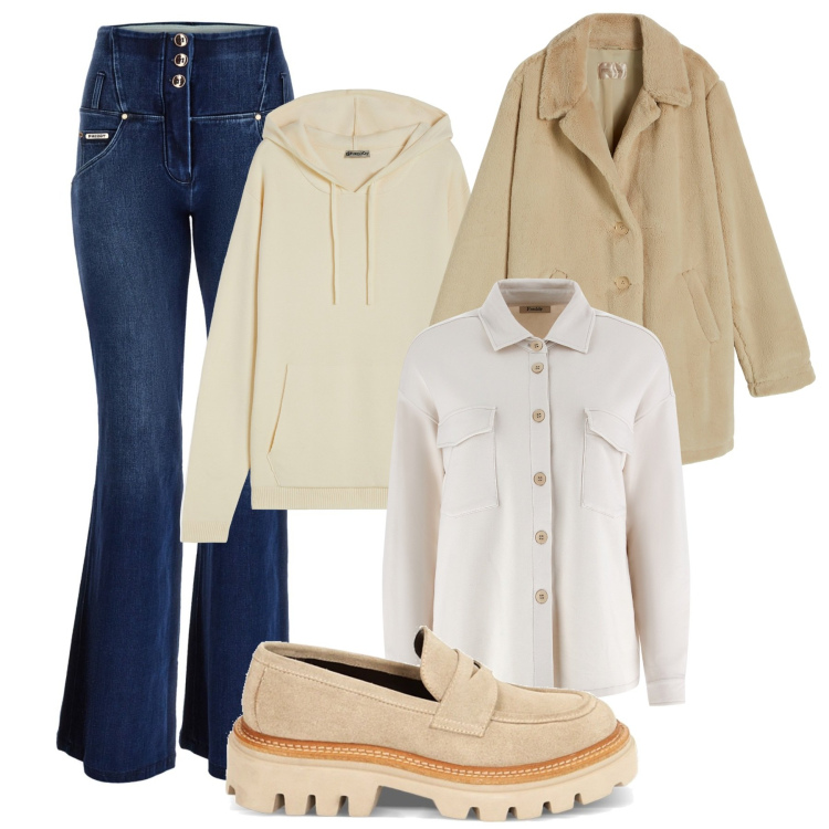 Outfit donna - Strati di panna. Stile Casual chic per Tutti i giorni. Abbinamento con cappotti, jeans a zampa, camicie, maglieria, mocassini.
