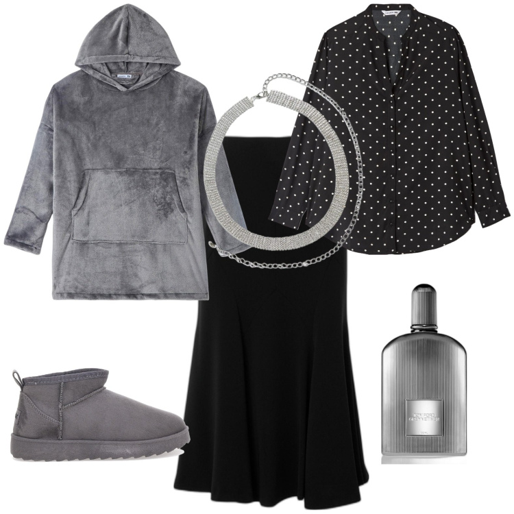Outfit donna - Total look #1763341. Stile Casual chic per Tutti i giorni. Abbinamento con profumi, cinture, camicie, felpe con cappuccio, gonne longuette, stivaletti.