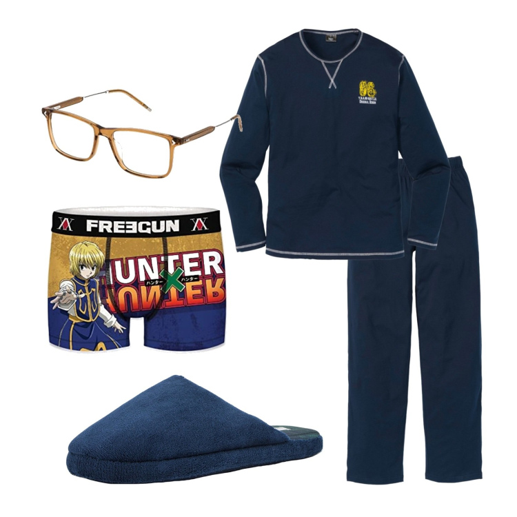 Outfit uomo - Tonight. Stile Casual per Tutti i giorni. Abbinamento con abbigliamento da notte, pantofole, occhiali da sole, boxer.