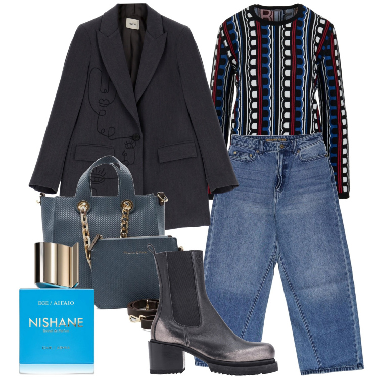 Outfit donna - Con grinta. Stile Urban per Tutti i giorni. Abbinamento con profumi, stivaletti chelsea, blazer, maglieria, borse a mano, jeans.