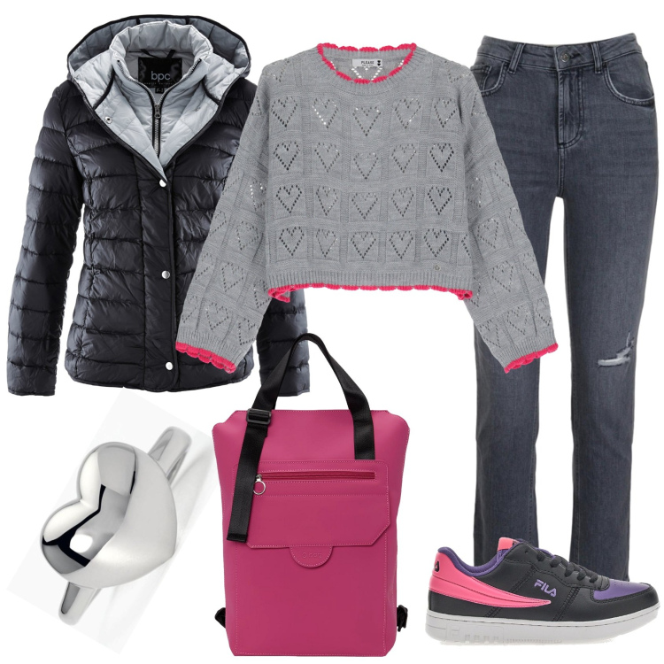 Outfit donna - Ore 8, lezione. Stile Casual per Scuola/Università. Abbinamento con piumini, anelli, maglieria, jeans, zaini, sneakers.
