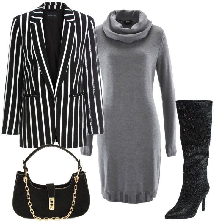 Outfit donna - Black month- autumn essentials. Stile Casual per Serata fuori. Abbinamento con blazer, vestiti, stivali sopra il ginocchio, borse a spalla.