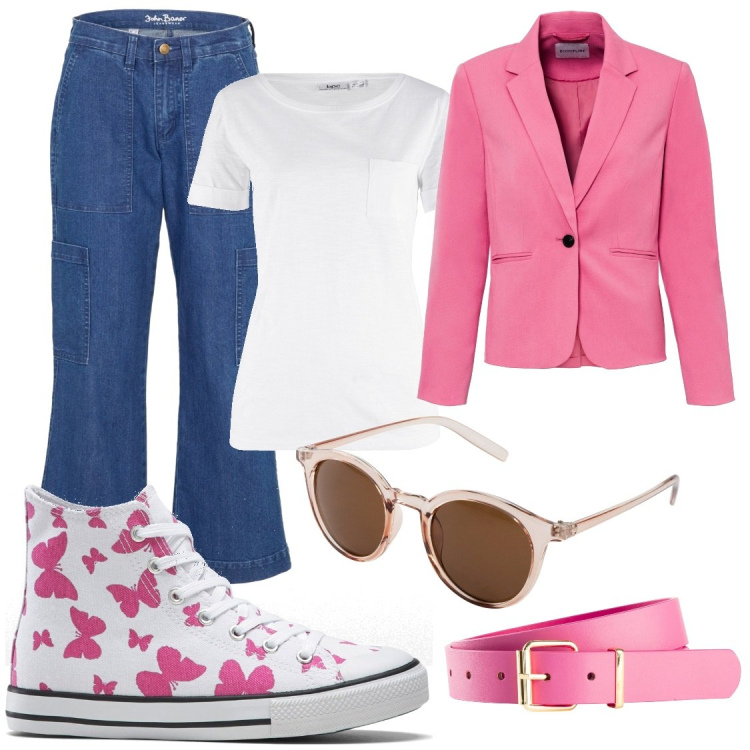 Outfit donna - La vie en rose. Stile Casual chic per Tutti i giorni. Abbinamento con occhiali da sole, t-shirt, cinture, blazer, sneakers alte, jeans.