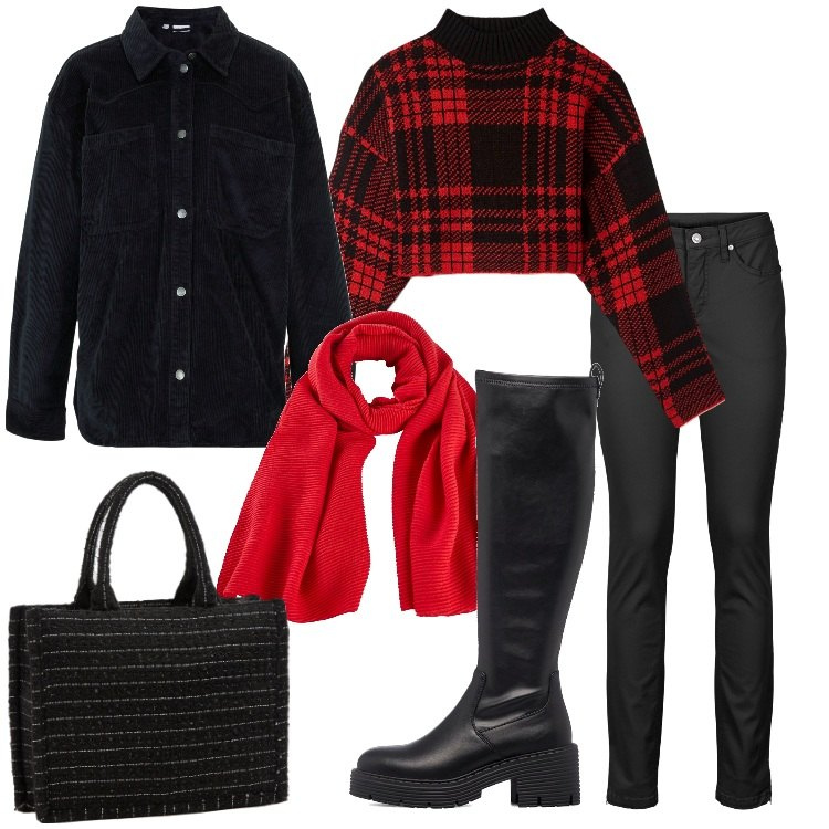 Outfit donna - Un modello nuovo di cuissardes. Stile Trendy per Tutti i giorni. Abbinamento con jeans, blazer, foulard, shopping bag, maglieria, stivali sopra il ginocchio.