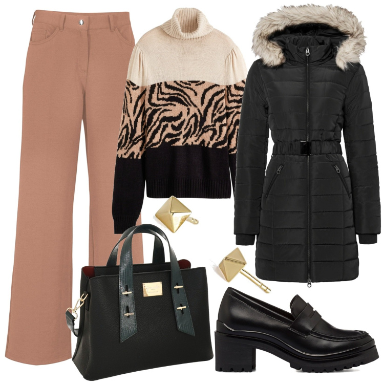 Outfit donna - Arriva l\'inverno. Stile Basic per Tutti i giorni. Abbinamento con giacche, maglieria, pantaloni, orecchini, mocassini, borse a mano.