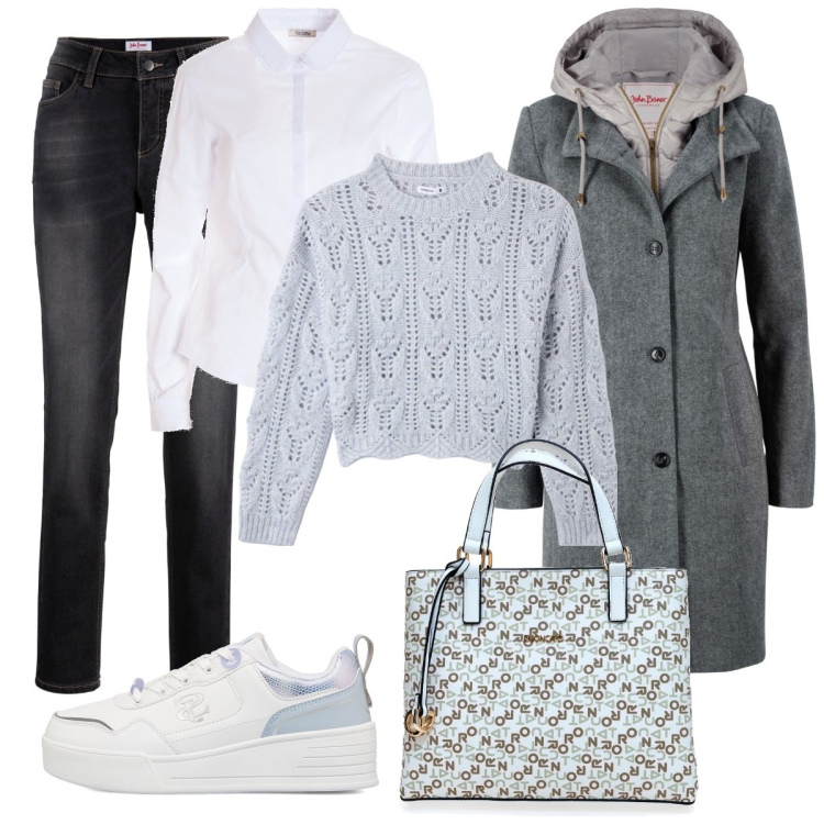 Outfit donna - In ufficio il venerdì. Stile Casual per Ufficio. Abbinamento con cappotti, jeans boyfriend, maglieria, camicie, sneakers, borse a mano.