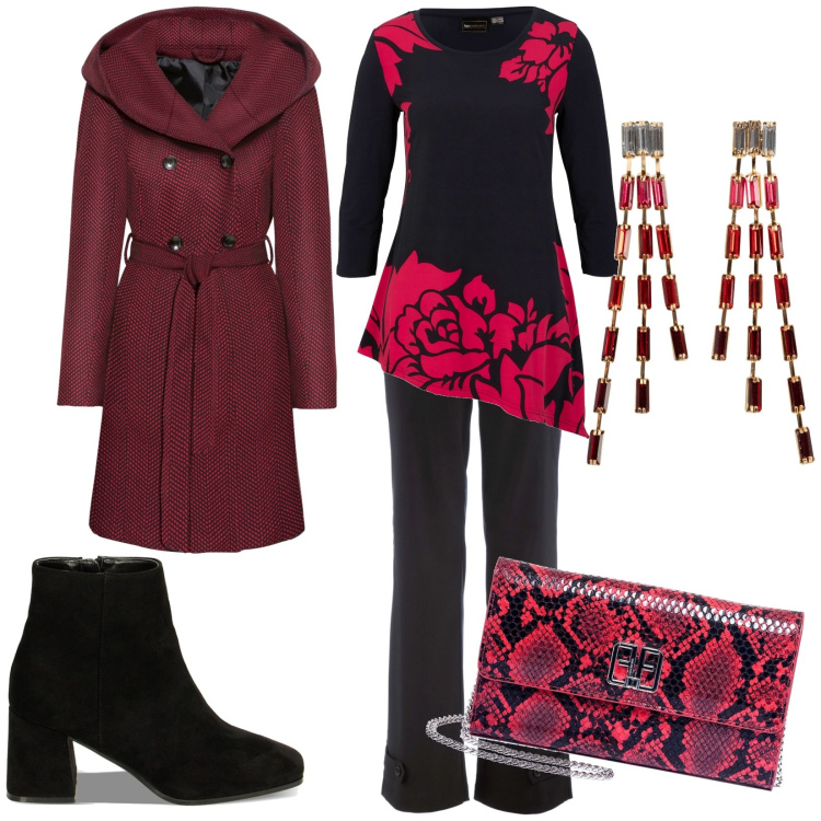 Outfit donna - Rose rosse per te. Stile Chic per Serata fuori. Abbinamento con orecchini, cappotti, pantaloni, maglieria, pochette, stivaletti.