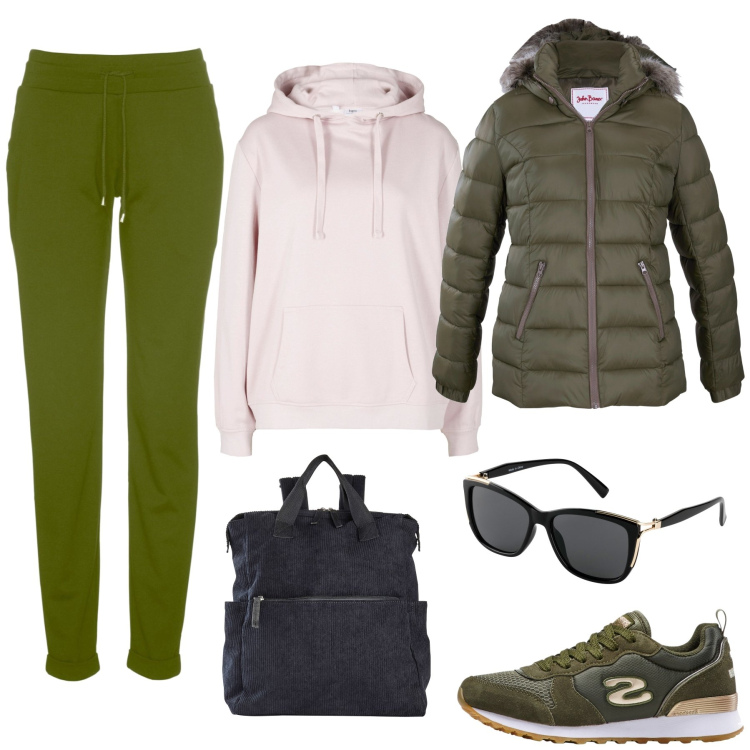 Outfit donna - Comodo e caldo. Stile Sporty chic per Tutti i giorni. Abbinamento con zaini, piumini, sneakers, pantaloni, felpe con cappuccio, occhiali da sole.