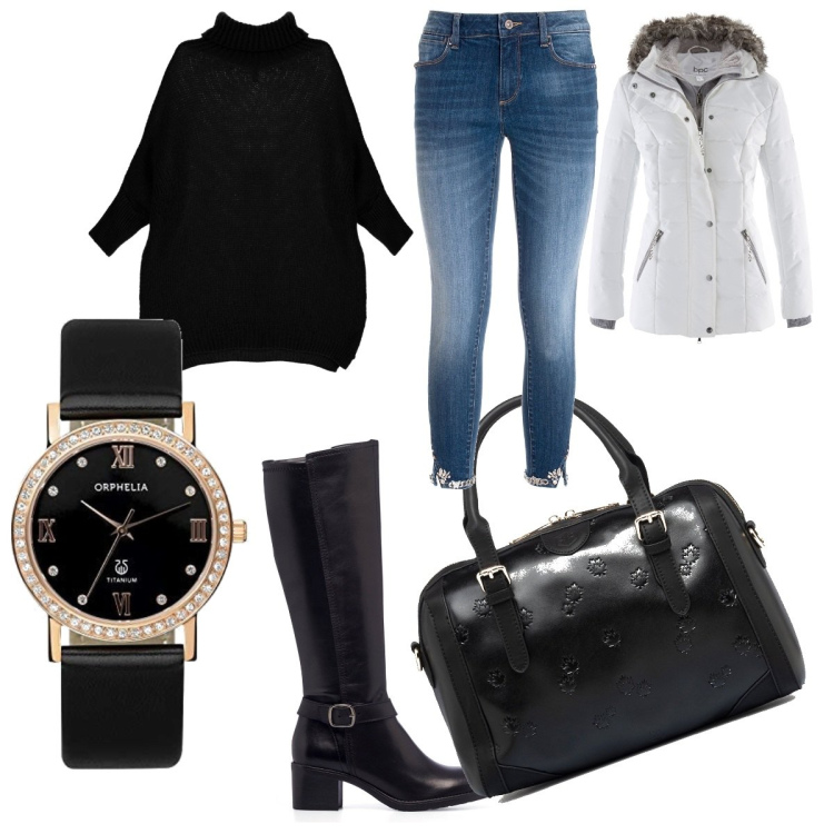 Outfit donna - Total look #1763479. Stile Casual chic per Tutti i giorni. Abbinamento con piumini, jeans, maglieria, stivali sopra il ginocchio, borse a mano, orologi analogici.