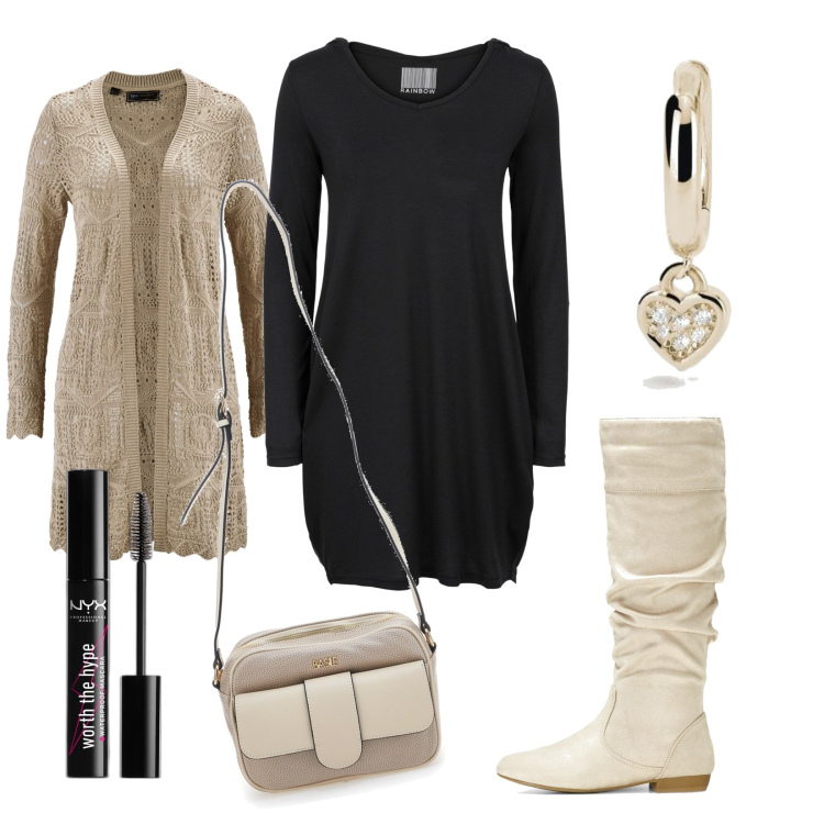 Outfit donna - Total look #1763480. Stile Trendy per Tutti i giorni. Abbinamento con cardigans, vestiti, stivali, mascara, orecchini, borse a tracolla.