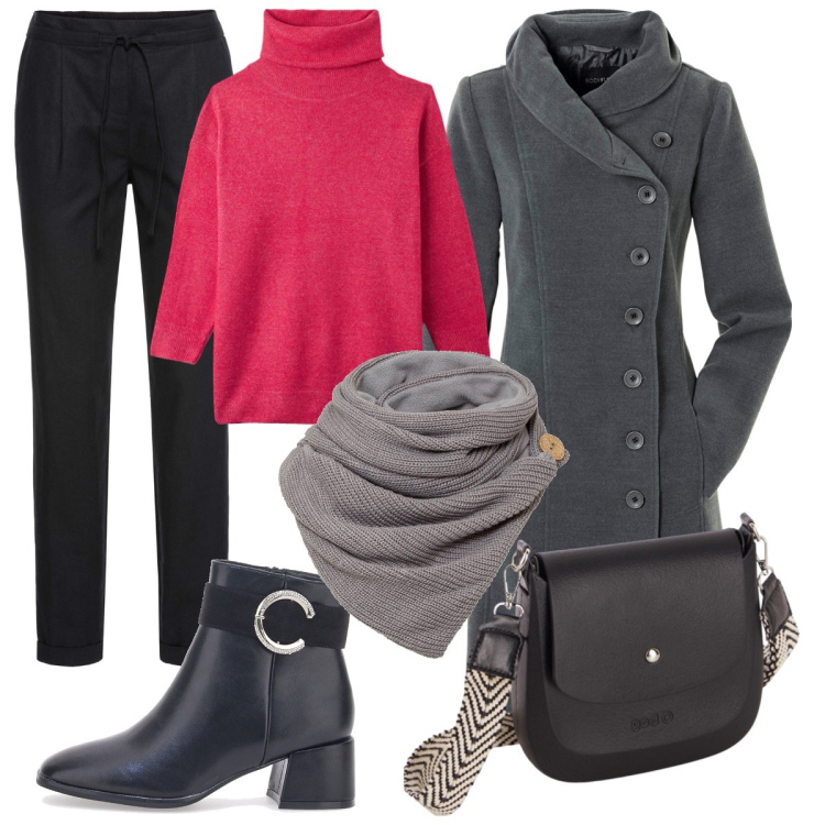 Outfit donna - Domenica in centro. Stile Casual per Tutti i giorni. Abbinamento con cappotti, pantaloni, foulard, maglieria, borse a spalla, stivaletti.