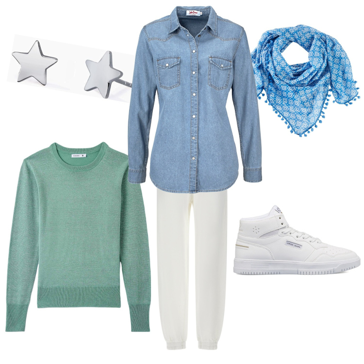 Outfit donna - Total look #1763563. Stile Casual per Tutti i giorni. Abbinamento con camicie, foulard, maglieria, orecchini, pantaloni, sneakers alte.