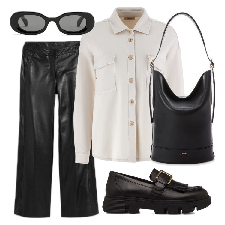 Outfit donna - Black and white. Stile Casual chic per Tutti i giorni. Abbinamento con pantaloni, camicie, mocassini, borse a secchiello, occhiali da sole.