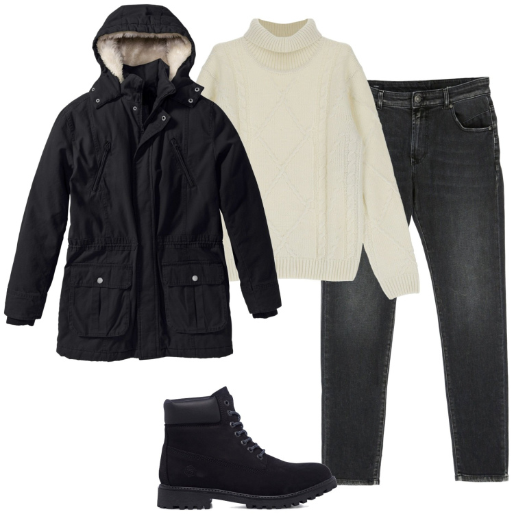 Outfit uomo - Con il parka. Stile Trendy per Tutti i giorni. Abbinamento con parka, jeans, maglieria, stivali e stivaletti.