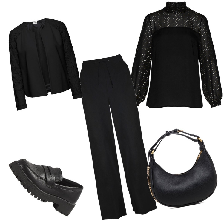 Outfit donna - Total black. Stile Casual chic per Tutti i giorni. Abbinamento con pantaloni a palazzo, blazer, tuniche, mocassini, borse a mano.