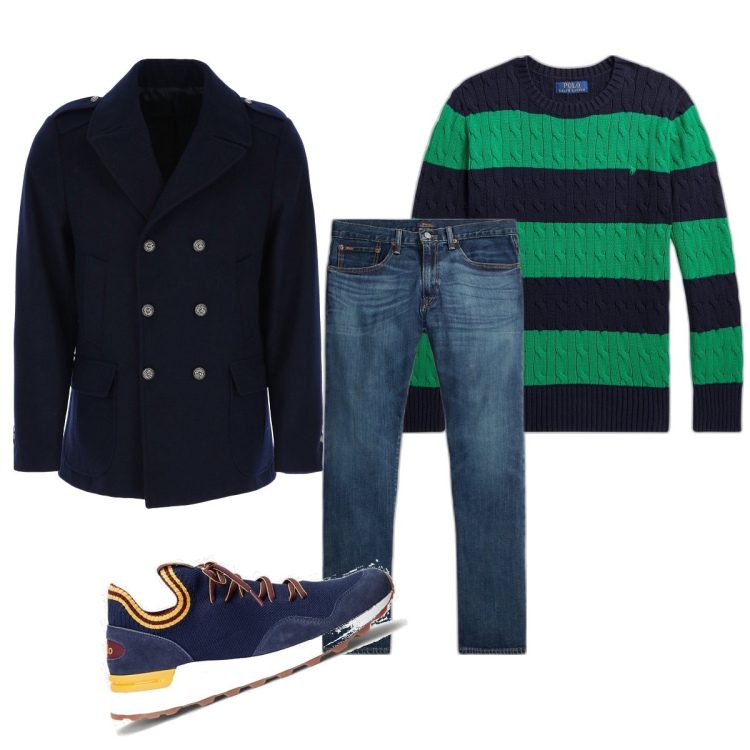 Outfit uomo - Total look #1763597. Stile Trendy per Ufficio. Abbinamento con cappotti, jeans dritti, sneakers, maglieria.