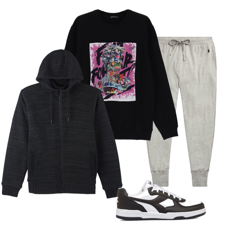 Outfit uomo - Total look #1763602. Stile Casual per Tutti i giorni. Abbinamento con cardigans, felpe, pantaloni, sneakers.