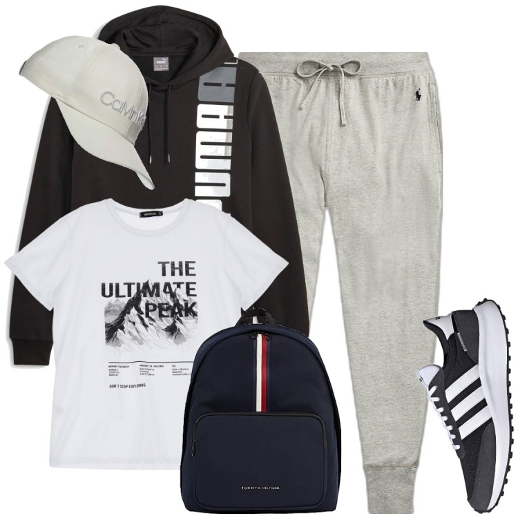Outfit uomo - Felpa e pantaloni da palestra. Stile Urban per Sport. Abbinamento con t-shirt, pantaloni, felpe con cappuccio, cappelli con visiera, borse sportive, sneakers alte.