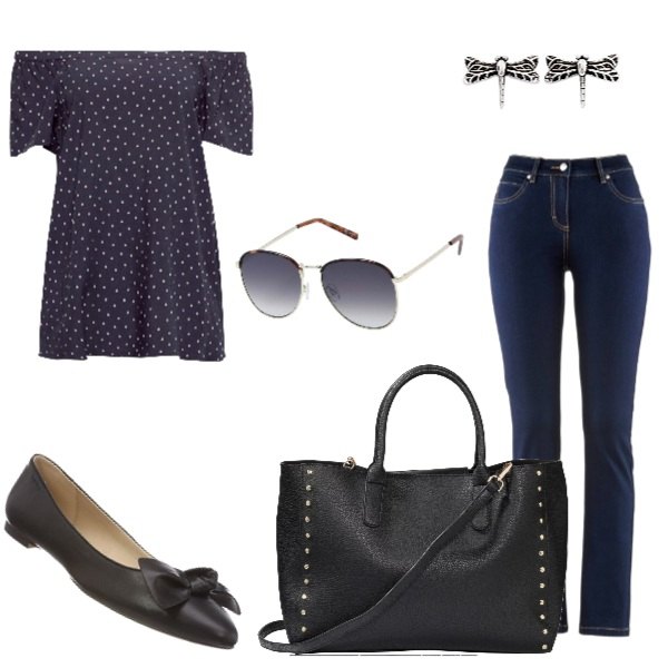 Outfit donna - Giornate di lavoro. Stile Basic per Tutti i giorni. Abbinamento con jeans dritti, shopping bag con borchie, occhiali da sole lenti sfumate in montatura in metallo, camicia multicolore e bianco, ballerine nero, orecchini a perno in ottone rosa.