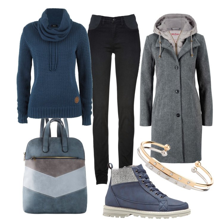 Outfit donna - Total look #1763624. Stile Casual per Scuola/Università. Abbinamento con maglieria, cappotti, stivaletti, jeans skinny, zaini, braccialetti.