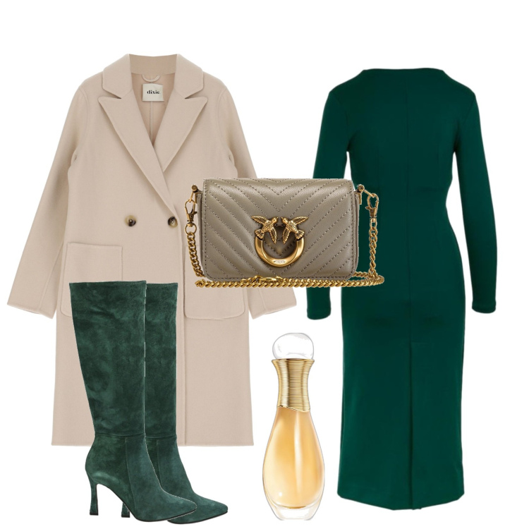 Outfit donna - Raffinatissimo verde. Stile Chic per Ufficio. Abbinamento con profumi, borse a tracolla, stivali, cappotti, vestiti.