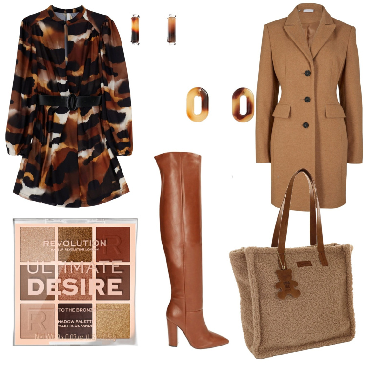 Outfit donna - Sfumature di marrone. Stile Trendy per Serata fuori. Abbinamento con cappotti, ombretti, vestiti corti, stivali, orecchini, borse a spalla.