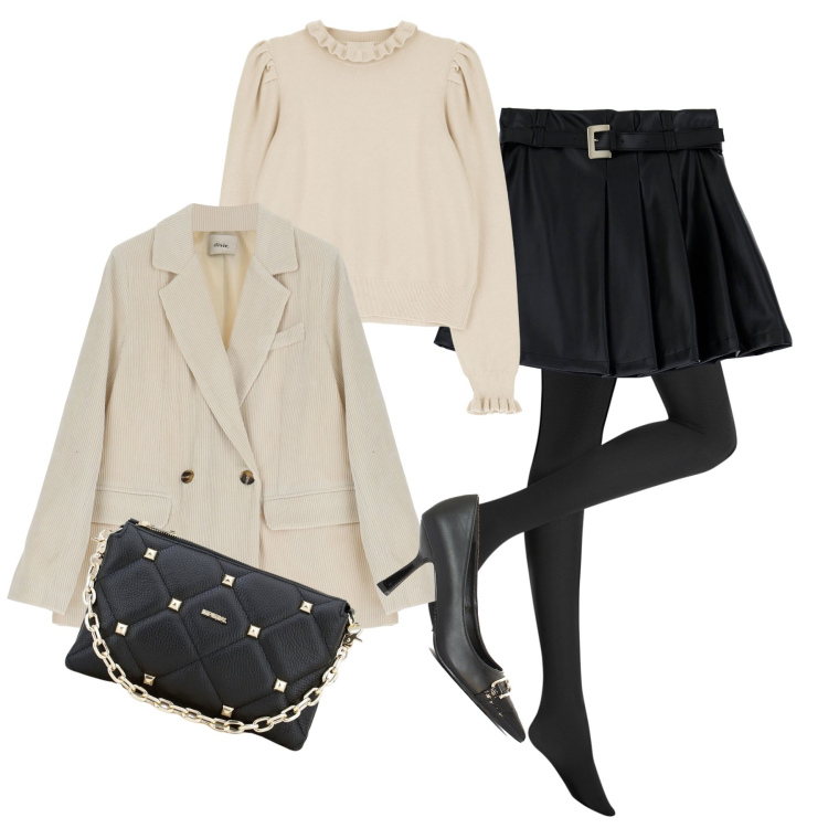 Outfit donna - City. Stile Casual chic per Tutti i giorni. Abbinamento con collant, minigonne, pochette, cappotti, maglieria, décolleté.