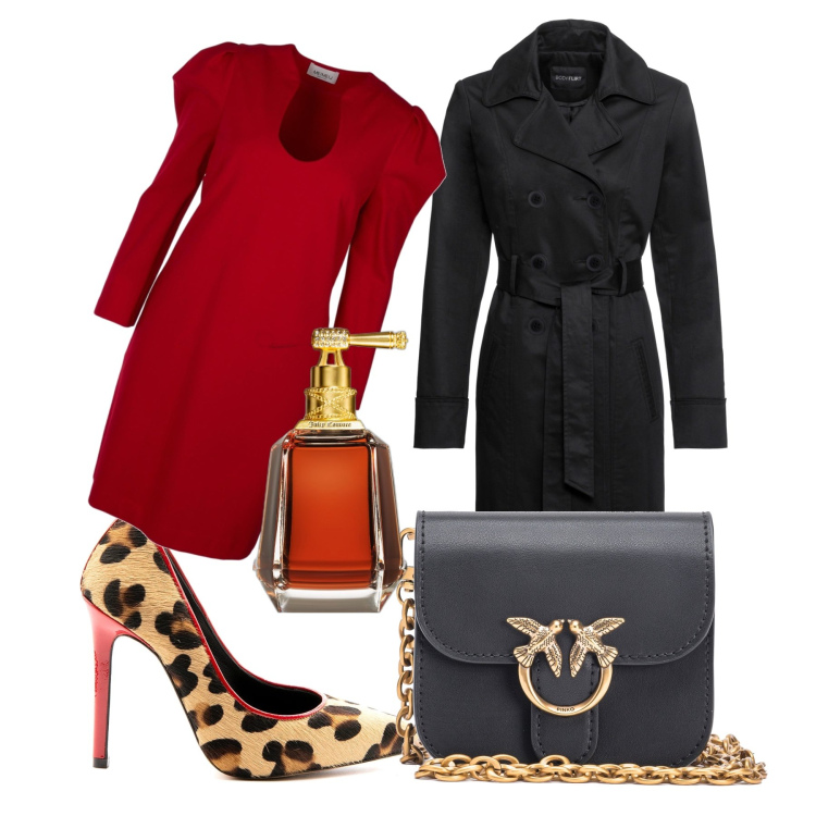 Outfit donna - Rosso e nero. Stile Chic per Serata fuori. Abbinamento con trench, profumi, borse a tracolla, décolleté, vestiti.